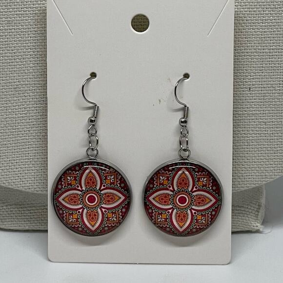Handmade Red Orange Teal Silver Mandala Pendant Necklace & Earrings Set NWT OS - Picture 2 of 6
